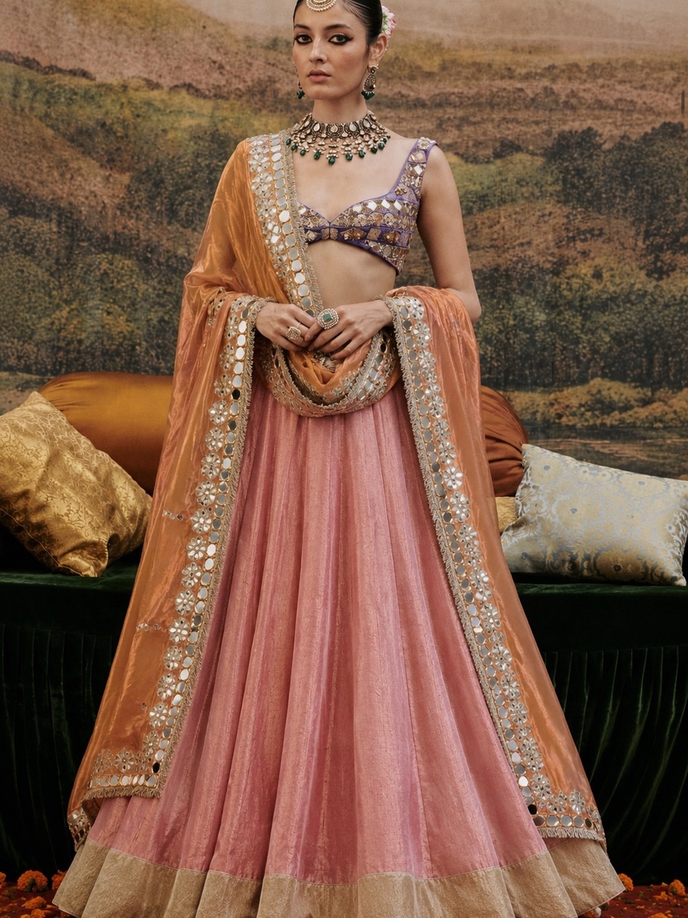Pink and Peach Mirrorwork Lehenga Set - Women's Festive Wear
